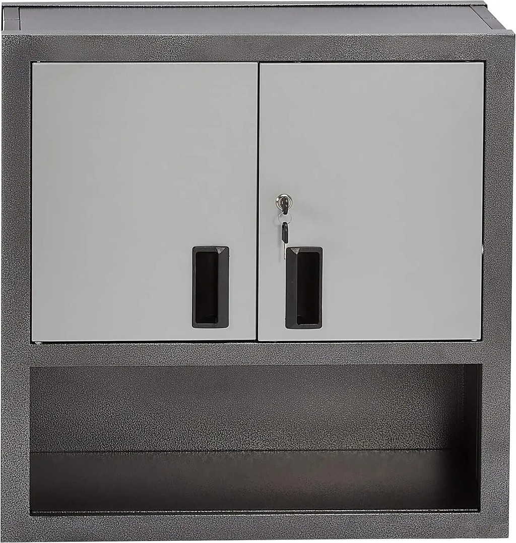 Dark grey wall-mounted storage cabinet with two doors and an open shelf below
